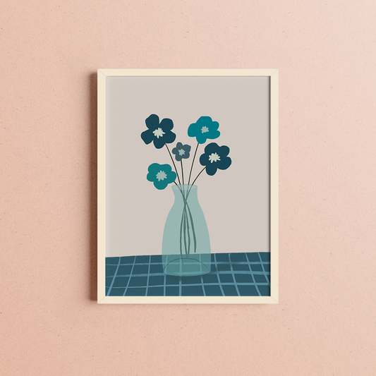 Afiche Florero con Flores Azules